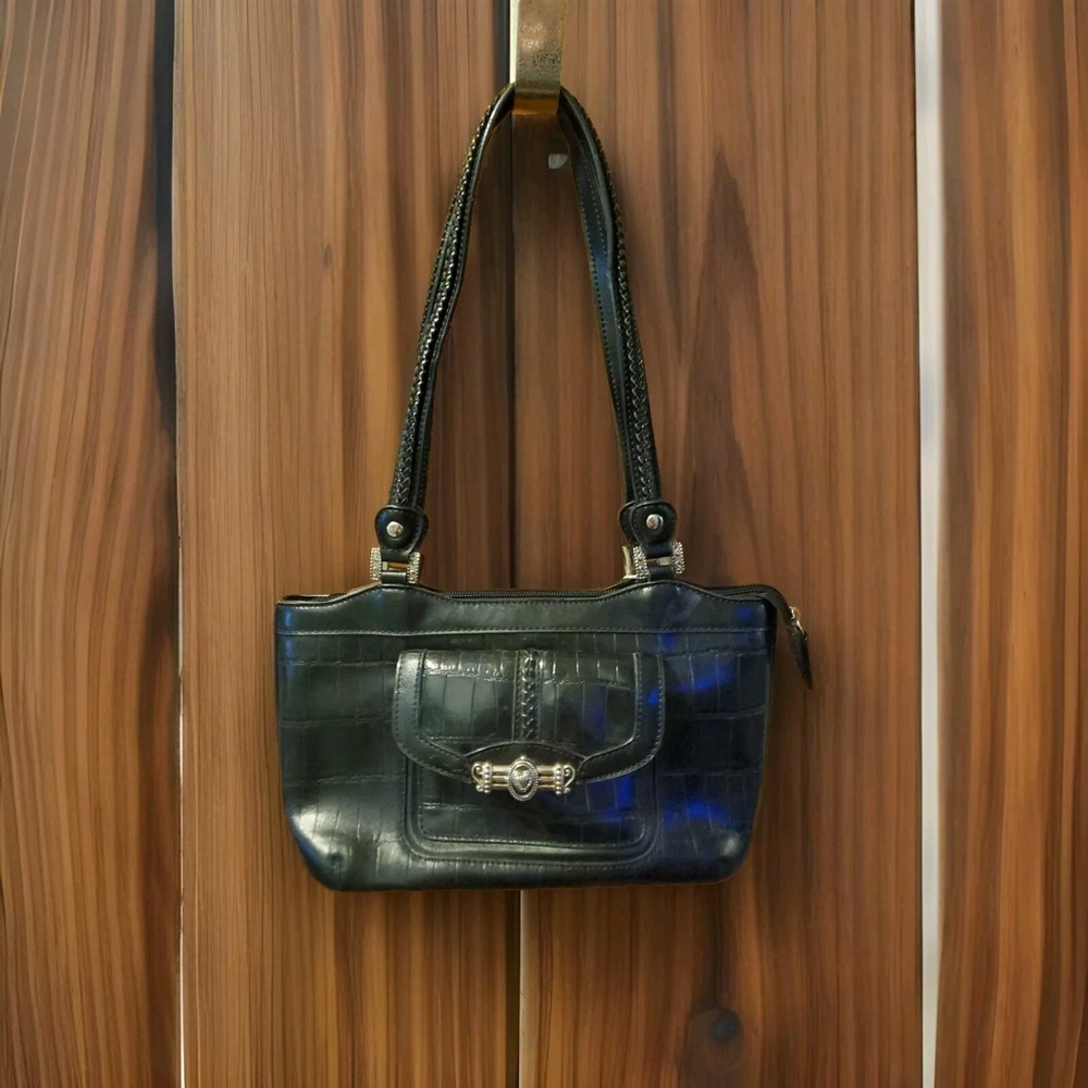 M.C. Marc Chantal Black Embossed Croc LEATHER Satchel Bag‎ Handbag Purse